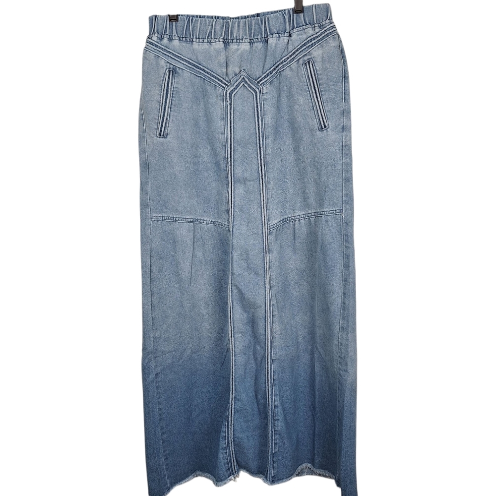 NWOT Light Blue Wash Raw Hem Boho Denim Maxi Skirt L